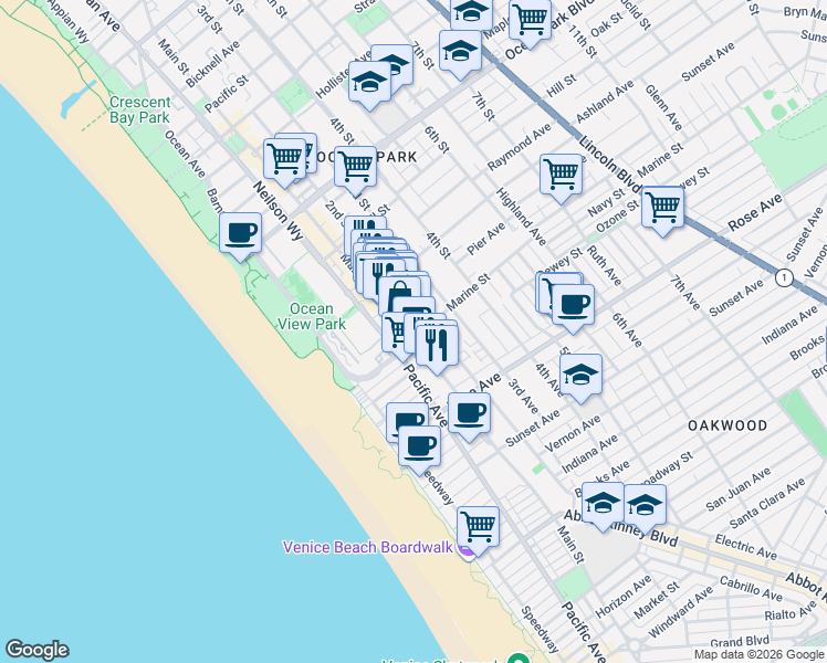 map of restaurants, bars, coffee shops, grocery stores, and more near 3017 2nd Street in Santa Monica