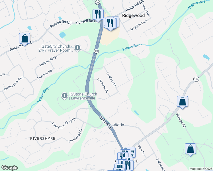 map of restaurants, bars, coffee shops, grocery stores, and more near 1295 Coronada Drive in Lawrenceville