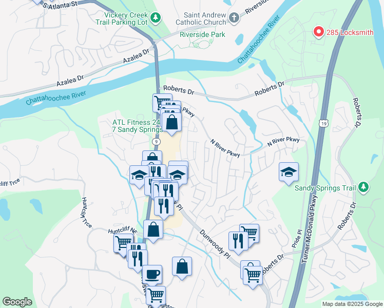 map of restaurants, bars, coffee shops, grocery stores, and more near 320 Winding River Drive in Atlanta