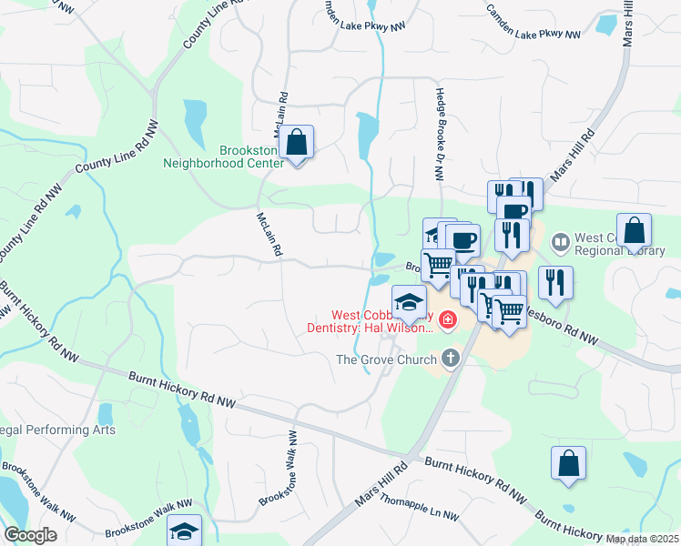 map of restaurants, bars, coffee shops, grocery stores, and more near 5485 Brookstone Drive Northwest in Acworth
