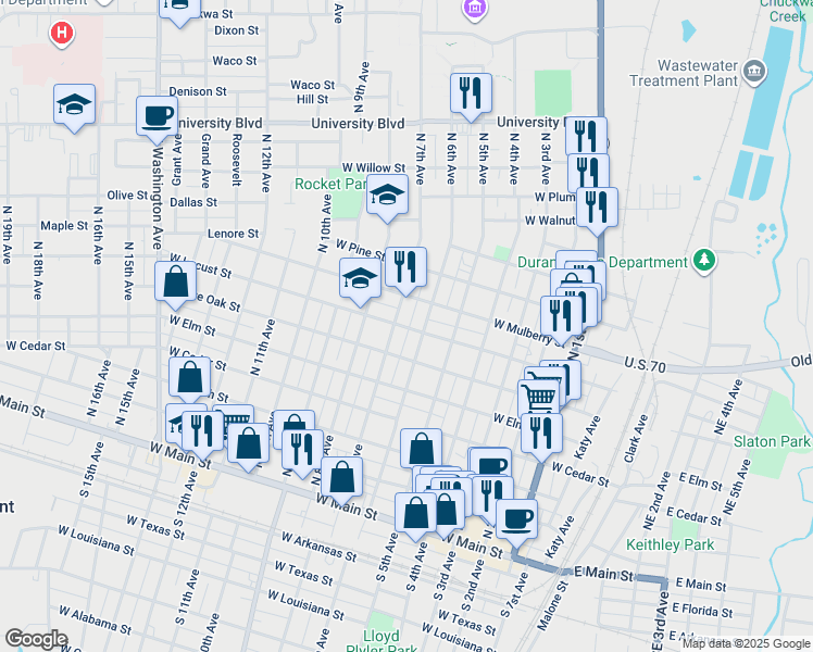 map of restaurants, bars, coffee shops, grocery stores, and more near 715 North 7th Avenue in Durant