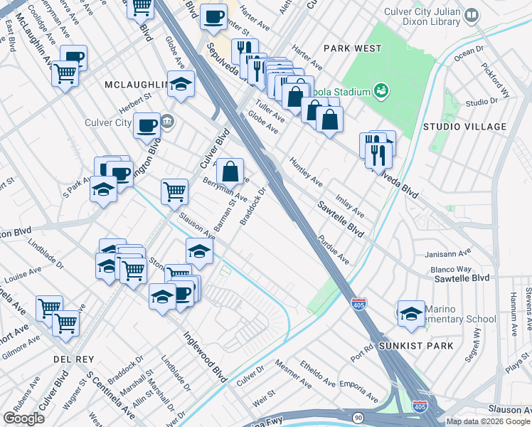map of restaurants, bars, coffee shops, grocery stores, and more near 4626 Berryman Avenue in Culver City
