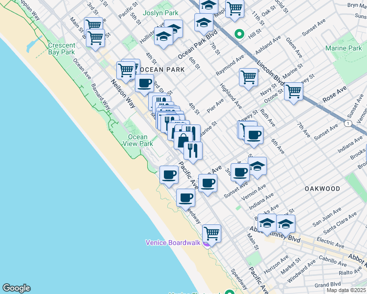 map of restaurants, bars, coffee shops, grocery stores, and more near 3017 2nd Street in Santa Monica