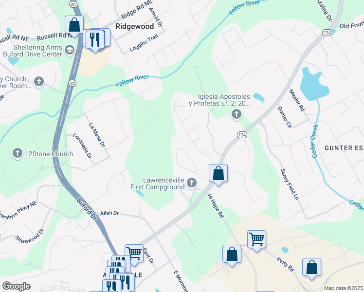 map of restaurants, bars, coffee shops, grocery stores, and more near 755 Hunters Creek Lane in Lawrenceville