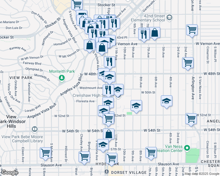 map of restaurants, bars, coffee shops, grocery stores, and more near 4916 Crenshaw Boulevard in Los Angeles