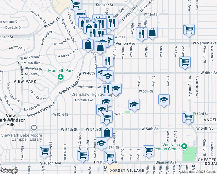 map of restaurants, bars, coffee shops, grocery stores, and more near 4916 Crenshaw Boulevard in Los Angeles
