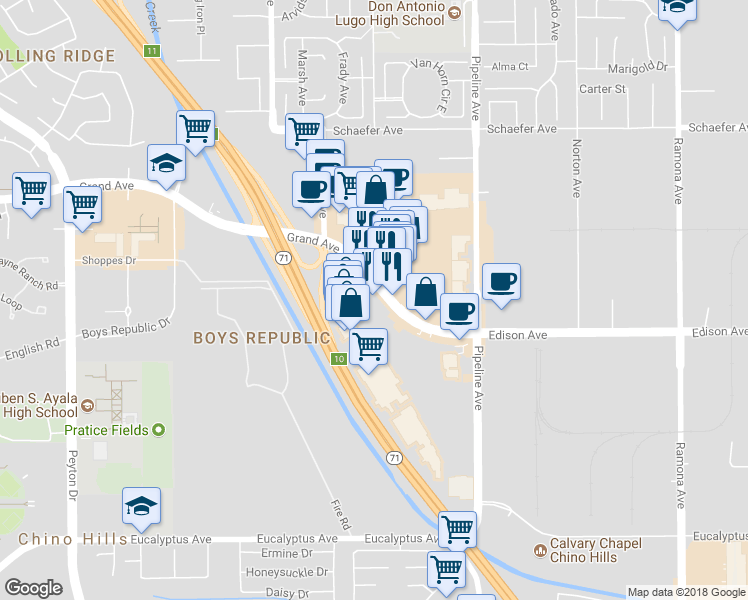 map of restaurants, bars, coffee shops, grocery stores, and more near 3911 Grand Avenue in Chino