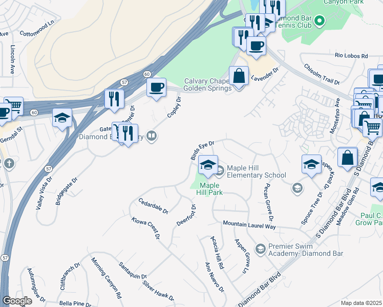 map of restaurants, bars, coffee shops, grocery stores, and more near 22415 Birds Eye Drive in Diamond Bar