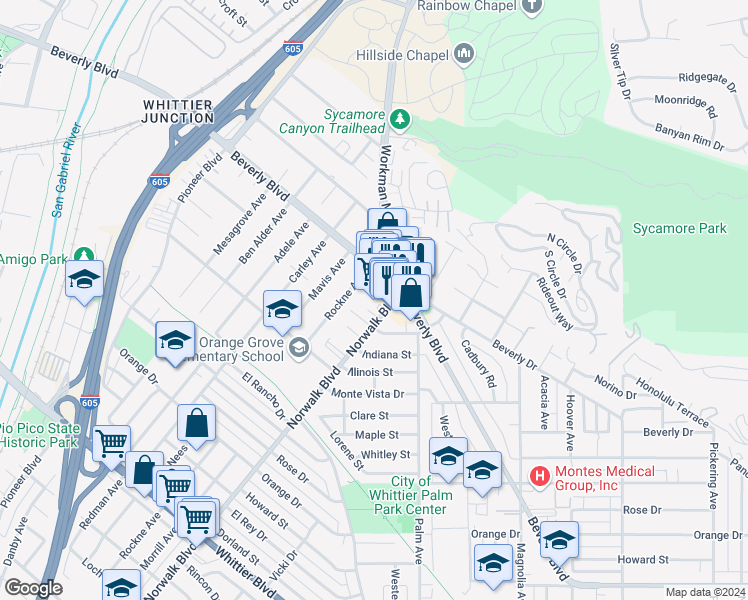 map of restaurants, bars, coffee shops, grocery stores, and more near 5441 Norwalk Boulevard in Whittier