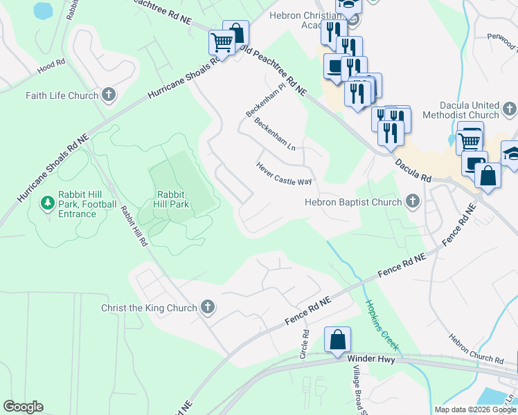 map of restaurants, bars, coffee shops, grocery stores, and more near 455 Beckenham Walk Drive in Dacula