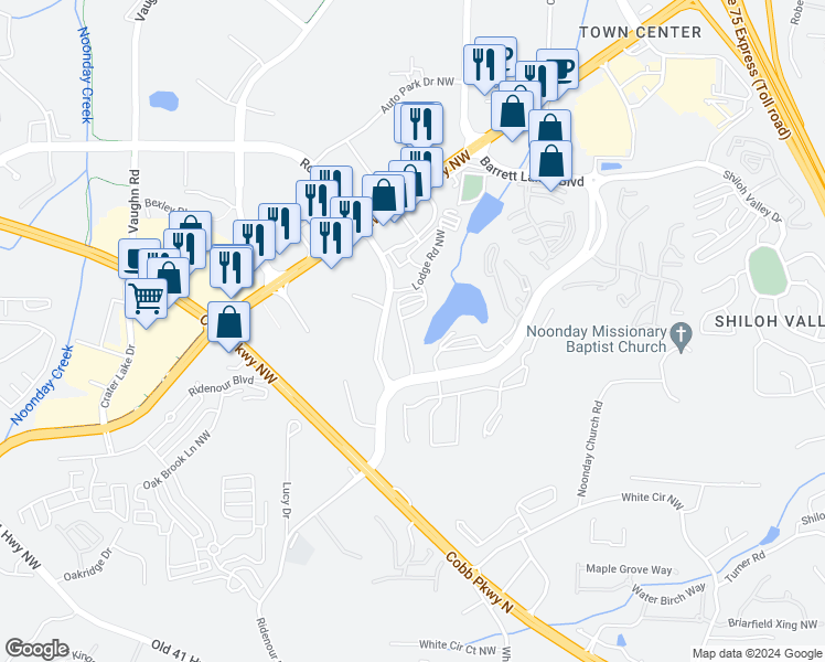 map of restaurants, bars, coffee shops, grocery stores, and more near 1701 Barrett Lakes Boulevard in Kennesaw