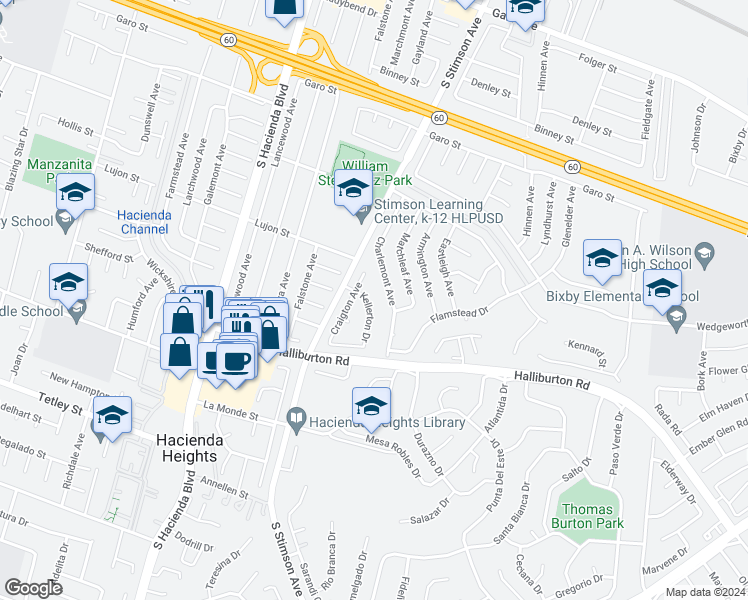 map of restaurants, bars, coffee shops, grocery stores, and more near 1838 Kellerton Drive in Hacienda Heights