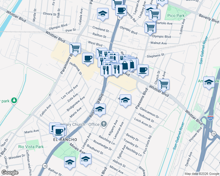 map of restaurants, bars, coffee shops, grocery stores, and more near 5200 San Gabriel Place in Pico Rivera