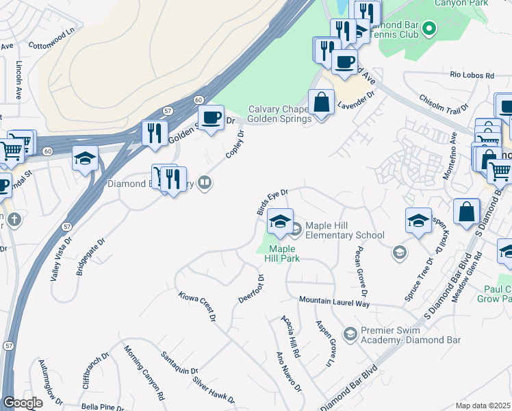 map of restaurants, bars, coffee shops, grocery stores, and more near 22415 Birds Eye Drive in Diamond Bar