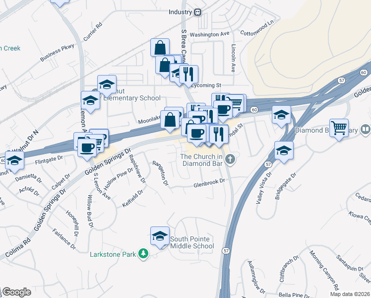 map of restaurants, bars, coffee shops, grocery stores, and more near 21000 Golden Springs Drive in Diamond Bar