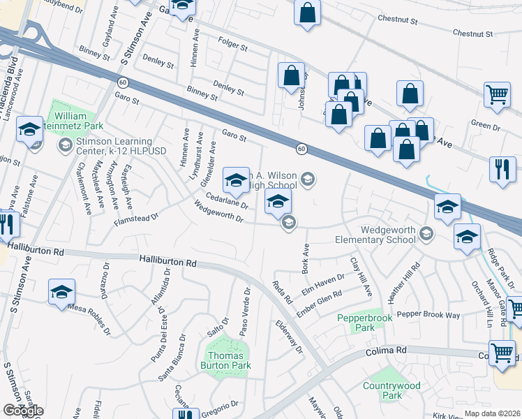 map of restaurants, bars, coffee shops, grocery stores, and more near 1546 Fieldgate Avenue in Hacienda Heights