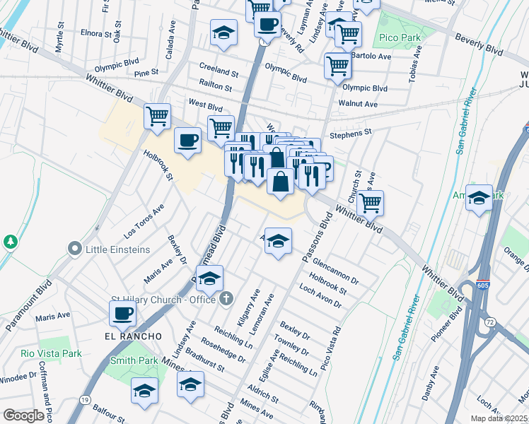 map of restaurants, bars, coffee shops, grocery stores, and more near 9176 Whittier Boulevard in Pico Rivera