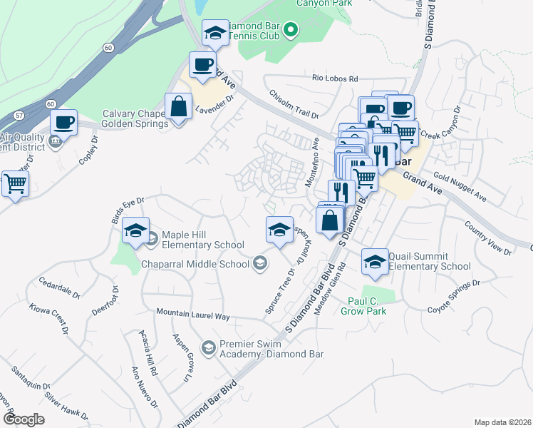 map of restaurants, bars, coffee shops, grocery stores, and more near 1400 Bodega Way in Diamond Bar