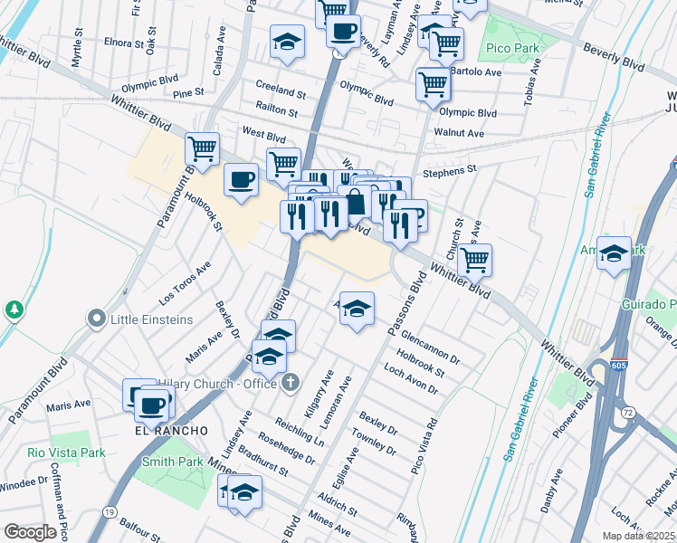 map of restaurants, bars, coffee shops, grocery stores, and more near 5101 Lindsey Avenue in Pico Rivera