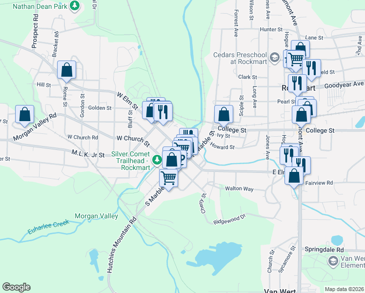 map of restaurants, bars, coffee shops, grocery stores, and more near 134 West Elm Street in Rockmart