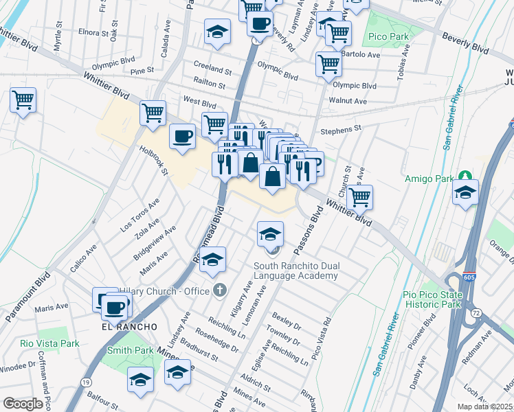 map of restaurants, bars, coffee shops, grocery stores, and more near 5101 Lindsey Avenue in Pico Rivera