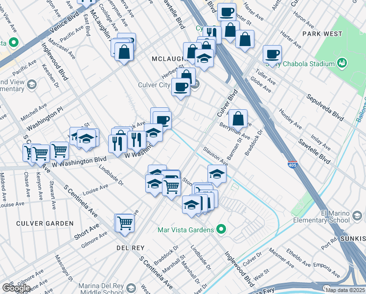 map of restaurants, bars, coffee shops, grocery stores, and more near 11722 Avon Way in Los Angeles