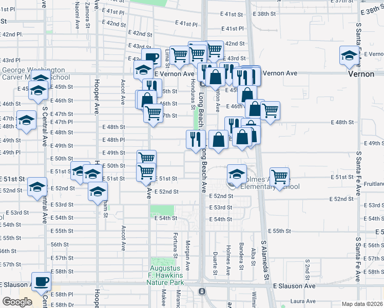 map of restaurants, bars, coffee shops, grocery stores, and more near 4861 Long Beach Avenue in Los Angeles