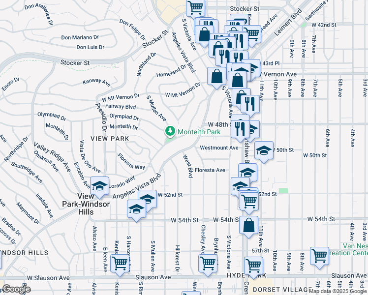map of restaurants, bars, coffee shops, grocery stores, and more near 3662 Olympiad Drive in View Park-Windsor Hills