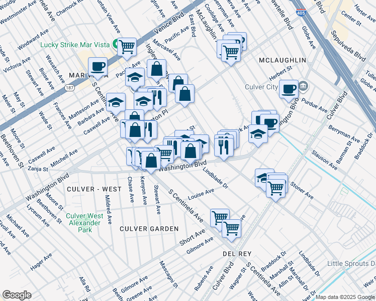 map of restaurants, bars, coffee shops, grocery stores, and more near 4140 Grand View Boulevard in Los Angeles