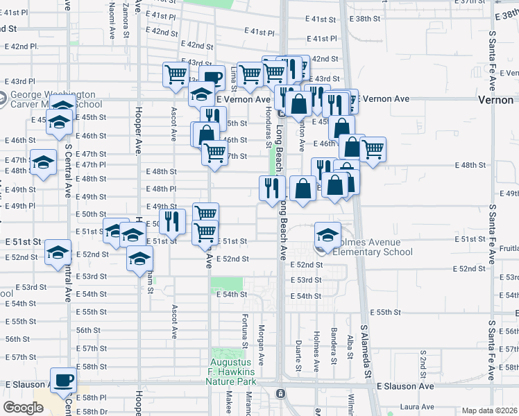map of restaurants, bars, coffee shops, grocery stores, and more near 1640 East 49th Street in Los Angeles