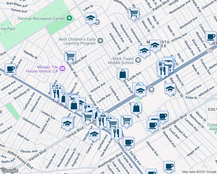 map of restaurants, bars, coffee shops, grocery stores, and more near 2141 Louella Avenue in Los Angeles