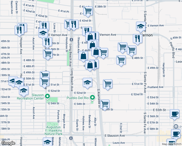 map of restaurants, bars, coffee shops, grocery stores, and more near 4851 S Alameda St in Vernon
