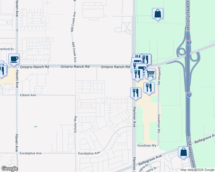 map of restaurants, bars, coffee shops, grocery stores, and more near 4259 East Carmel Privado in Ontario