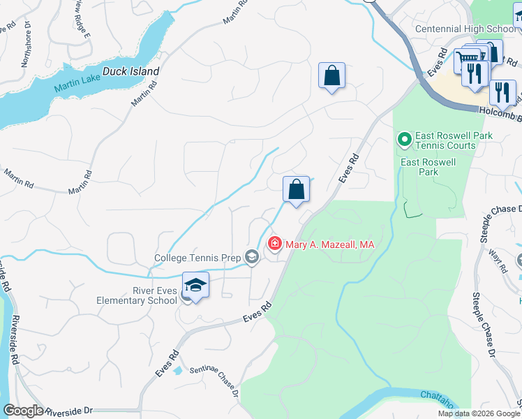 map of restaurants, bars, coffee shops, grocery stores, and more near 510 Bellfield Court in Roswell