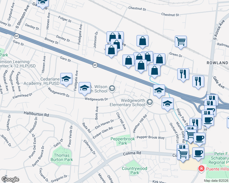 map of restaurants, bars, coffee shops, grocery stores, and more near 1446 Countrywood Avenue in Hacienda Heights