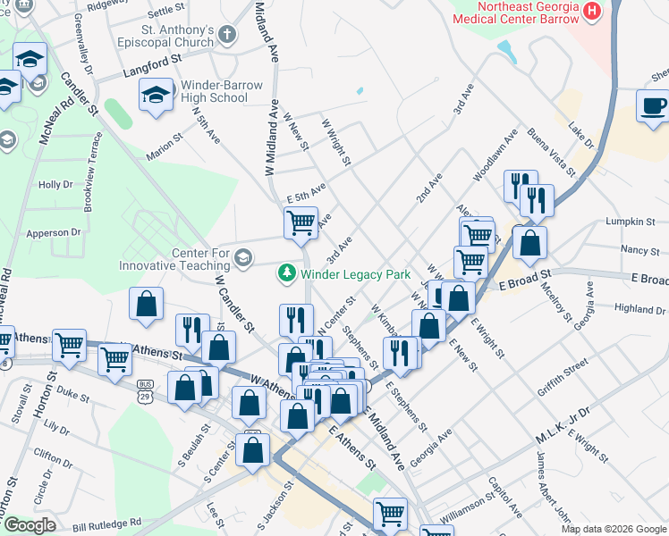 map of restaurants, bars, coffee shops, grocery stores, and more near 265 3rd Avenue in Winder