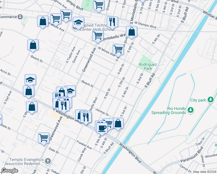 map of restaurants, bars, coffee shops, grocery stores, and more near 737 South 6th Street in Montebello