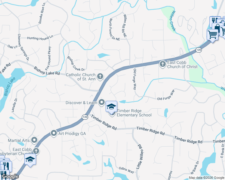 map of restaurants, bars, coffee shops, grocery stores, and more near 1956 Fields Pond Drive in Marietta