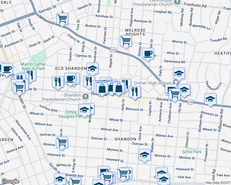 map of restaurants, bars, coffee shops, grocery stores, and more near 2835 Devine Street in Columbia