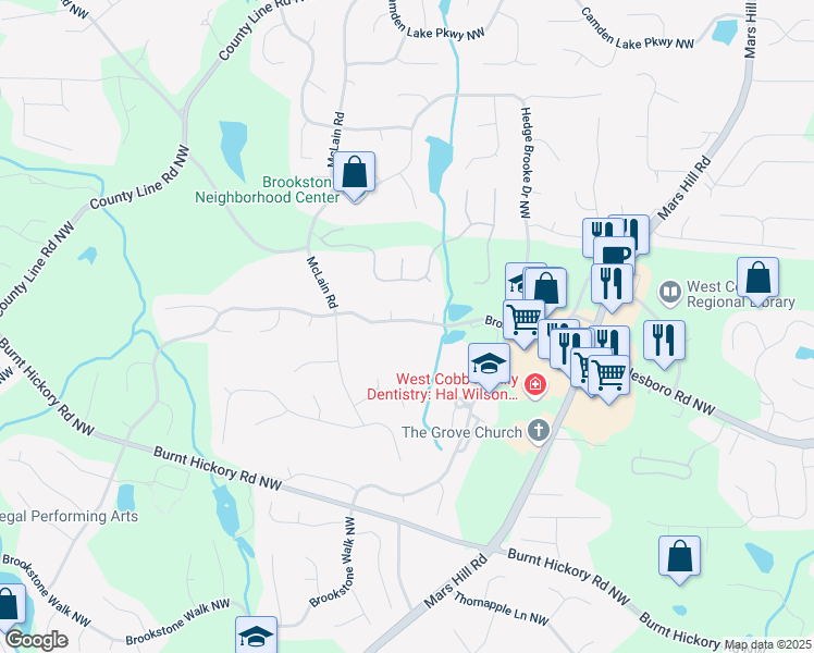 map of restaurants, bars, coffee shops, grocery stores, and more near 5485 Brookstone Drive Northwest in Acworth