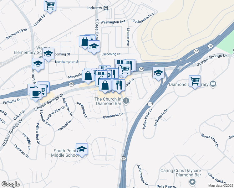 map of restaurants, bars, coffee shops, grocery stores, and more near 21110 Gerndal Street in Walnut