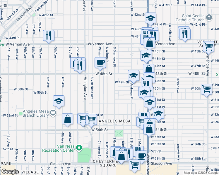 map of restaurants, bars, coffee shops, grocery stores, and more near 4920 South Wilton Place in Los Angeles