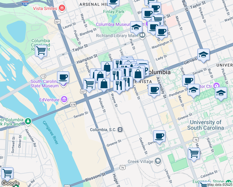 map of restaurants, bars, coffee shops, grocery stores, and more near 704 Gervais Street in Columbia