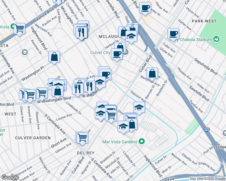map of restaurants, bars, coffee shops, grocery stores, and more near 11733 Avon Way in Los Angeles