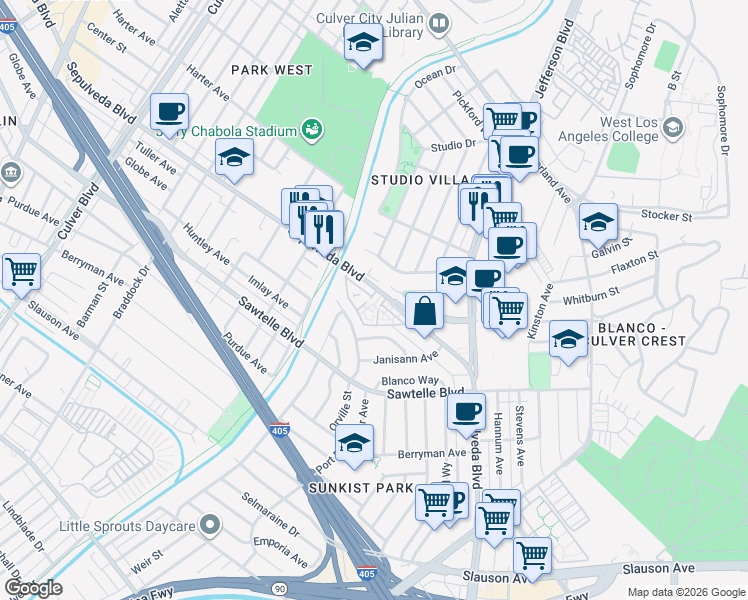 map of restaurants, bars, coffee shops, grocery stores, and more near 5215 Sepulveda Boulevard in Culver City
