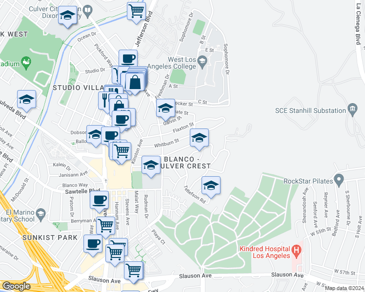 map of restaurants, bars, coffee shops, grocery stores, and more near 10727 Kelmore Street in Culver City