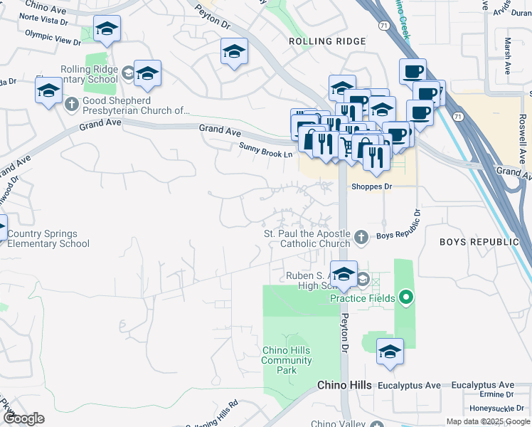 map of restaurants, bars, coffee shops, grocery stores, and more near 13988 Break of Day Court in Chino Hills
