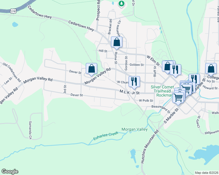 map of restaurants, bars, coffee shops, grocery stores, and more near 60 Seaboard Street in Rockmart