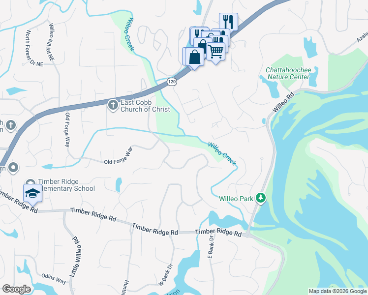 map of restaurants, bars, coffee shops, grocery stores, and more near 1046 Willeo Court in Marietta