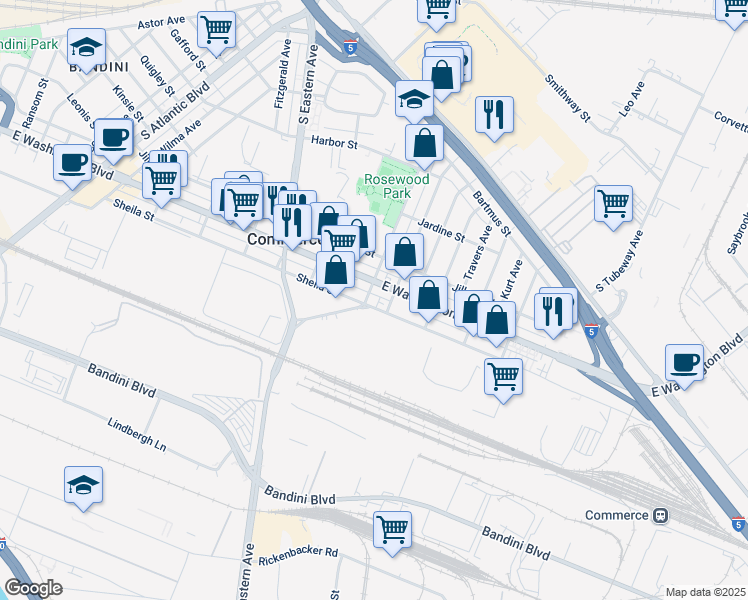 map of restaurants, bars, coffee shops, grocery stores, and more near 5670 East Washington Boulevard in Commerce